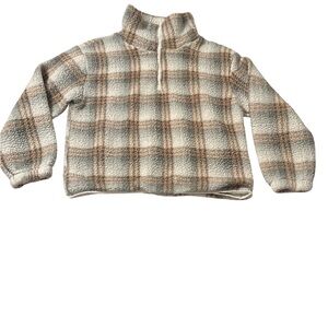 Lazy Sunday Cozy Neutral Plaid Cabincore Fleece Zip Pullover Sweater Size XL